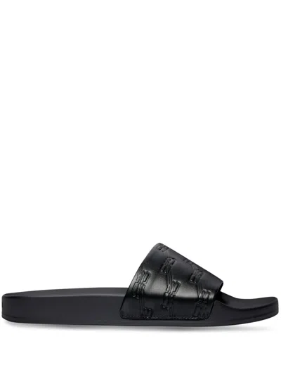 Balenciaga Logo-debossed Leather-strap Slides In Black