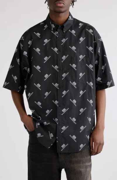 Balenciaga Bb Monogram Oversize Short Sleeve Cotton Button-down Shirt In Black