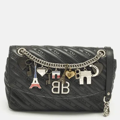 Pre-owned Balenciaga Bb Paris Charm Black Embroidered Logo Leather Shoulder Bag