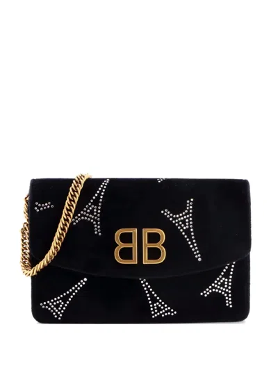 Pre-owned Balenciaga Bb Round Wallet On Chain Crystal Embellished Velvet Small Shoulder Bag In Black