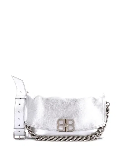 Pre-owned Balenciaga Bb Soft Flap Bag Leather Large Shoulder Bag In Silver