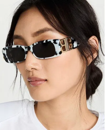 Pre-owned Balenciaga Bb0096s 005 White Havana Gold Grey Rectangle Unisex Sunglasses In Gray
