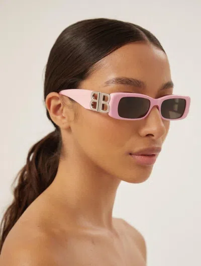 Pre-owned Balenciaga Bb0096s 012 Pink Silver Logo Grey Rectangle Unisex Sunglasses In Gray