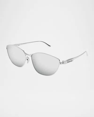 Balenciaga Bb0358sk Logoo Engraved Rectangle Metal Sunglasses In Shiny Horizontal Brushed Silver
