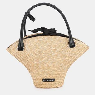 Pre-owned Balenciaga Beach Bag Beige/black Raffia Leather Size Medium