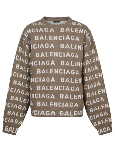 BALENCIAGA BEIGE ALLOVER LOGO CREWNECK SWEATER