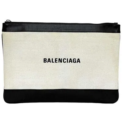 Pre-owned Balenciaga Beige Black Canvas Leather Clutch Bag Handbag () In Beige, Black