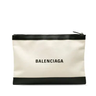 Pre-owned Balenciaga Beige Black Canvas Leather Clutch Bag () In Multi