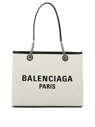 Balenciaga Beige Cotton And Leather Shoulder Bag For Women In Black