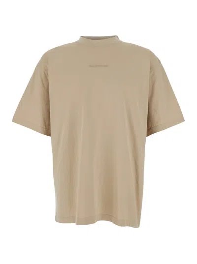 Balenciaga Beige Crewneck T-shirt With Logo Lettering On Front And Rear In Cotton Man In Brown