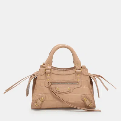 Pre-owned Balenciaga Beige Croc Embossed Leather Mini Neo Classic City Satchel