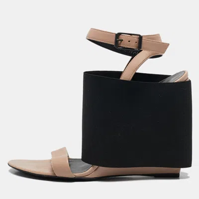 Pre-owned Balenciaga Beige Elastic And Leather Wedge Ankle Strap Sandals Size 39.5