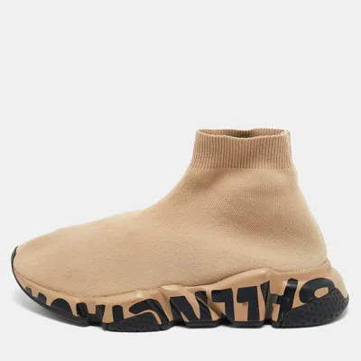 Pre-owned Balenciaga Beige Knit Fabric Speed Trainer High Top Sneakers Size 37