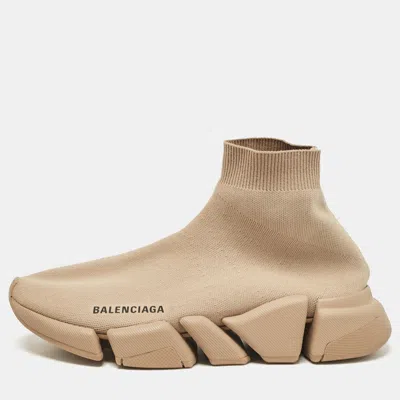 Pre-owned Balenciaga Beige Knit Fabric Speed Trainer High Top Sneakers Size 39