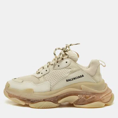 Pre-owned Balenciaga Beige Leather And Mesh Triple S Clear Sole Sneakers Size 41 In Sand