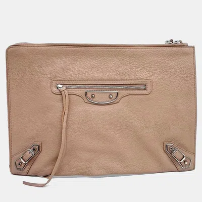 Pre-owned Balenciaga Beige Leather Edge Clutch In Sand