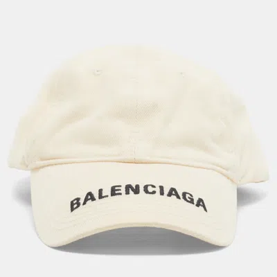Pre-owned Balenciaga Beige Logo Embroidered Distressed Cotton Baseball Cap L In Sand