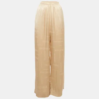 Pre-owned Balenciaga Beige Logo Jacquard Satin Trousers M In Sand