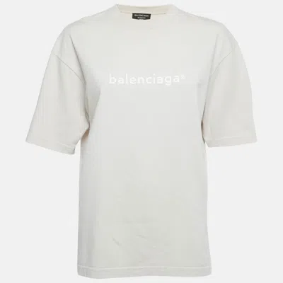 Pre-owned Balenciaga Beige Logo Print Cotton Crewneck T-shirt Xxs In Sand