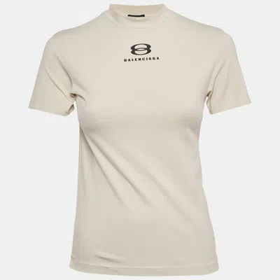 Pre-owned Balenciaga Beige Logo Print Jersey T-shirt S