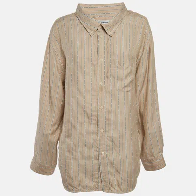 Pre-owned Balenciaga Beige Logo Stripe Silk Oversized Shirt M In Sand