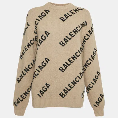 Pre-owned Balenciaga Beige Monogram Jacquard Wool Knit Crew Neck Sweater Xs In Sand