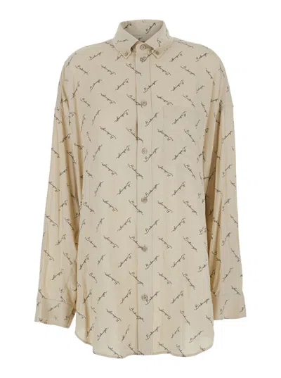 Balenciaga Beige Oversized Shirt With All-over Printed Logo In Viscose Woman In Multicolor