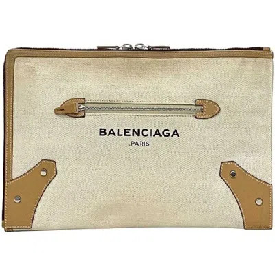 Pre-owned Balenciaga Beige White Canvas Leather Clutch Bag Handbag ()