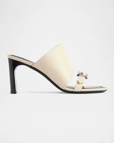 Balenciaga Bel Air Leather Buckle Mule Sandals In Soya/aged Silver