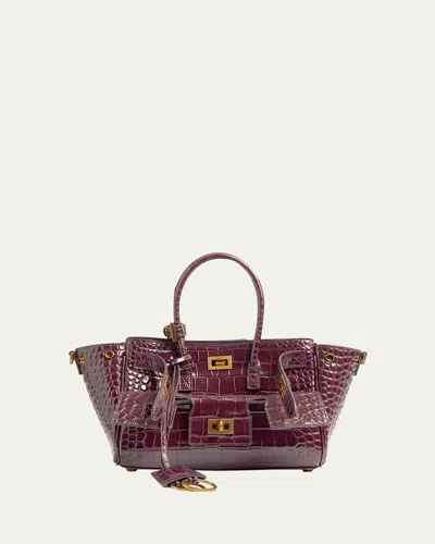 Balenciaga Bel Air Mini Croc-embossed Leather Crossbody Bag In Burgundy