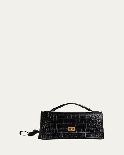 BALENCIAGA BEL AIR SMALL CROC-EMBOSSED LEATHER CLUTCH BAG