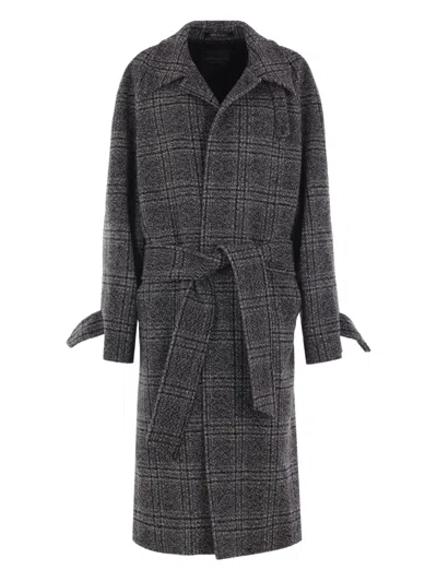 Balenciaga Women Grey Coat With Wide Notched Revers And All-over Check Motif In Wool Woman In Gray