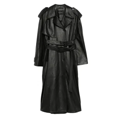 Balenciaga Belted Leather Trench Coat In Black