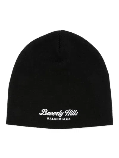 Balenciaga Beverly Hills Ribbed Beanie In Black