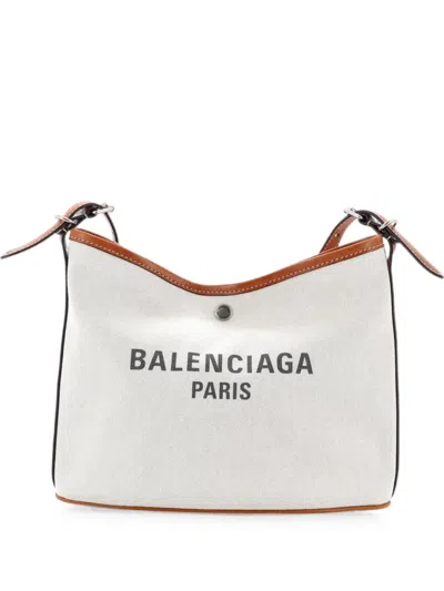 Pre-owned Balenciaga Biarritz Canvas Small Shoulder Bag In Neutral