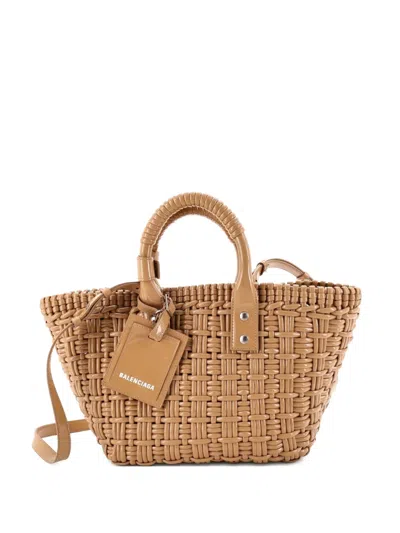 Pre-owned Balenciaga Bistro Panier Bag Woven Faux Leather Small Tote Bag In Neutral