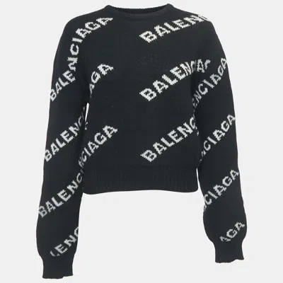 Pre-owned Balenciaga Black All-over Logo Wool-blend Jumper S