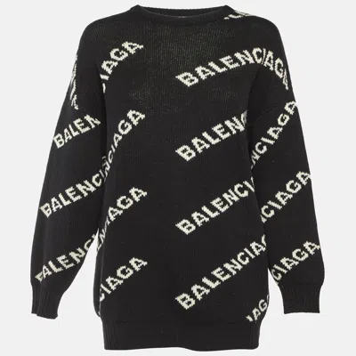 Pre-owned Balenciaga Black All Over Logo Wool Blend Knit Sweater M