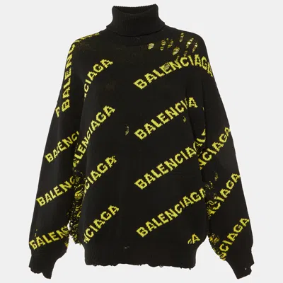 Pre-owned Balenciaga Black All Over Logo Wool Knit Distressed Sweater M