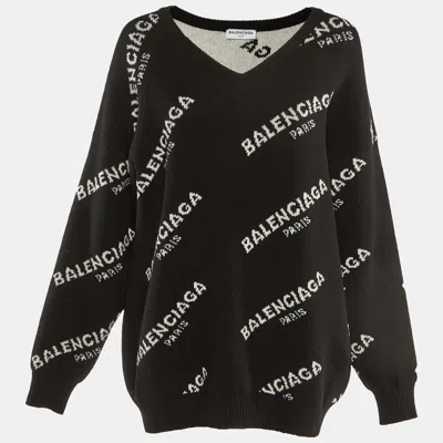 Pre-owned Balenciaga Black All Over Logo Wool Sweater M