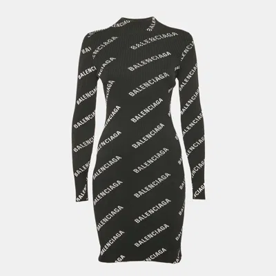Pre-owned Balenciaga Black All-over Print Rib Knit Bodycon M
