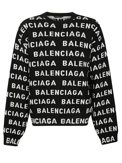 BALENCIAGA BLACK ALLOVER LOGO CREWNECK SWEATER