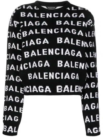 BALENCIAGA BLACK ALLOVER LOGO WOOL JUMPER