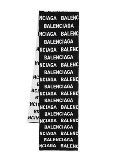 BALENCIAGA BLACK ALLOVER LOGO WOOL SCARF