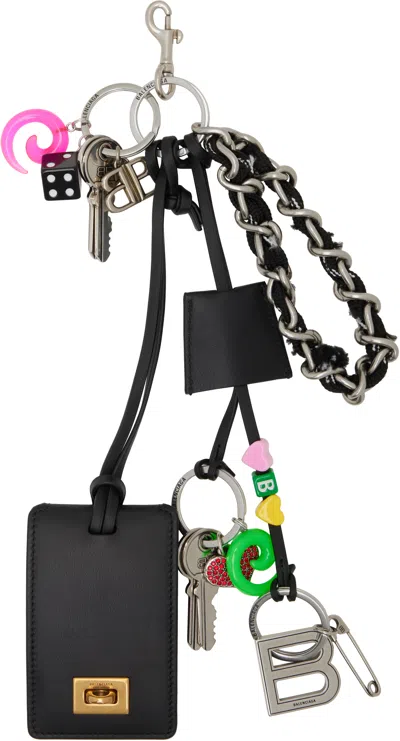 Balenciaga Black & Silver Rodeo Tag Full Charm Keychain In 1090 Black/black/whi