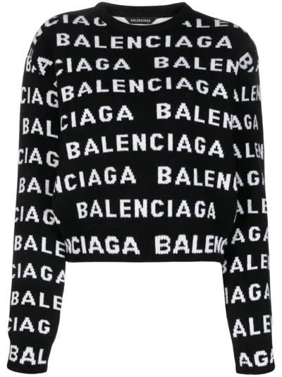 Balenciaga All-over Logo Sweater In Black