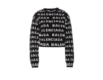 Balenciaga Black And White Cropped Sweater With Logo Detail For Women