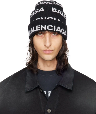 Balenciaga Black Bal Horizontal Allover Beanie In 1070 Black/white