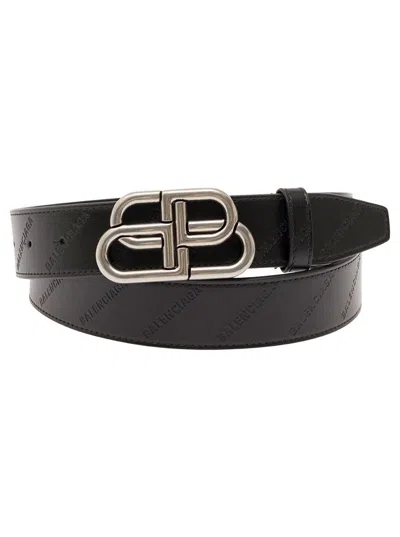 Balenciaga Black Belt With Bb Buckle And All-over Motif In Leather Man