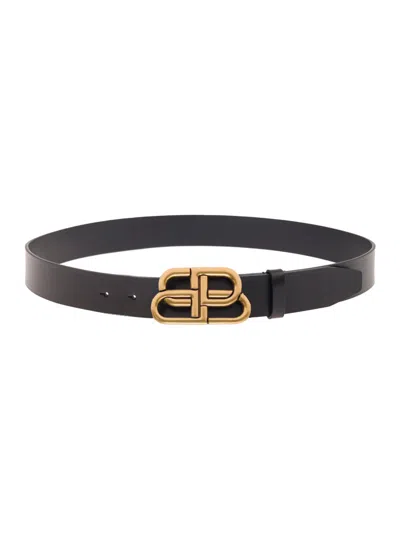 Balenciaga Black Belt With Interlocked Bb Logo Buckle In Smooth Leather Man In Multicolor